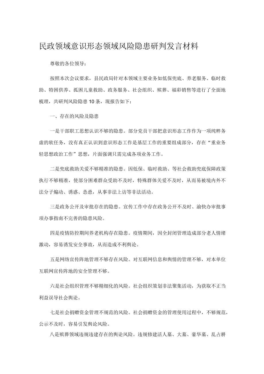 民政领域意识形态领域风险隐患研判发言材料.docx_第1页