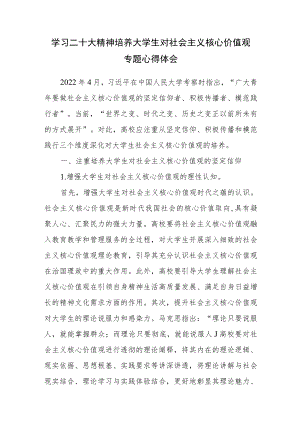 学习二十大精神培养大学生对社会主义核心价值观专题心得体会.docx