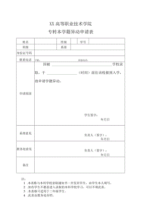 XX高等职业技术学院专转本学籍异动申请表.docx