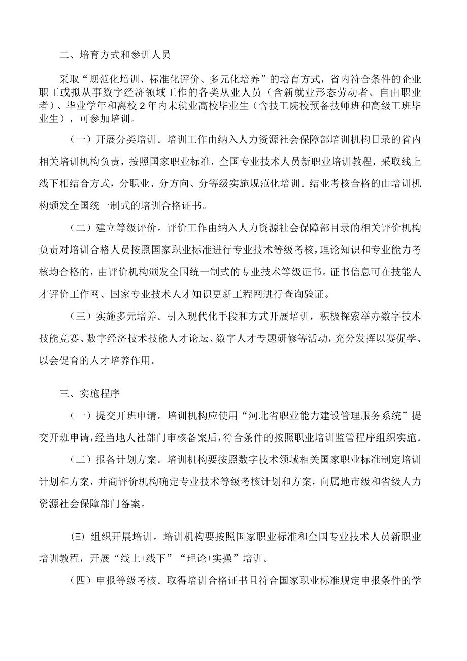 河北省人力资源和社会保障厅关于印发《河北省数字经济领域技术技能人才培育项目实施方案》的通知.docx_第2页