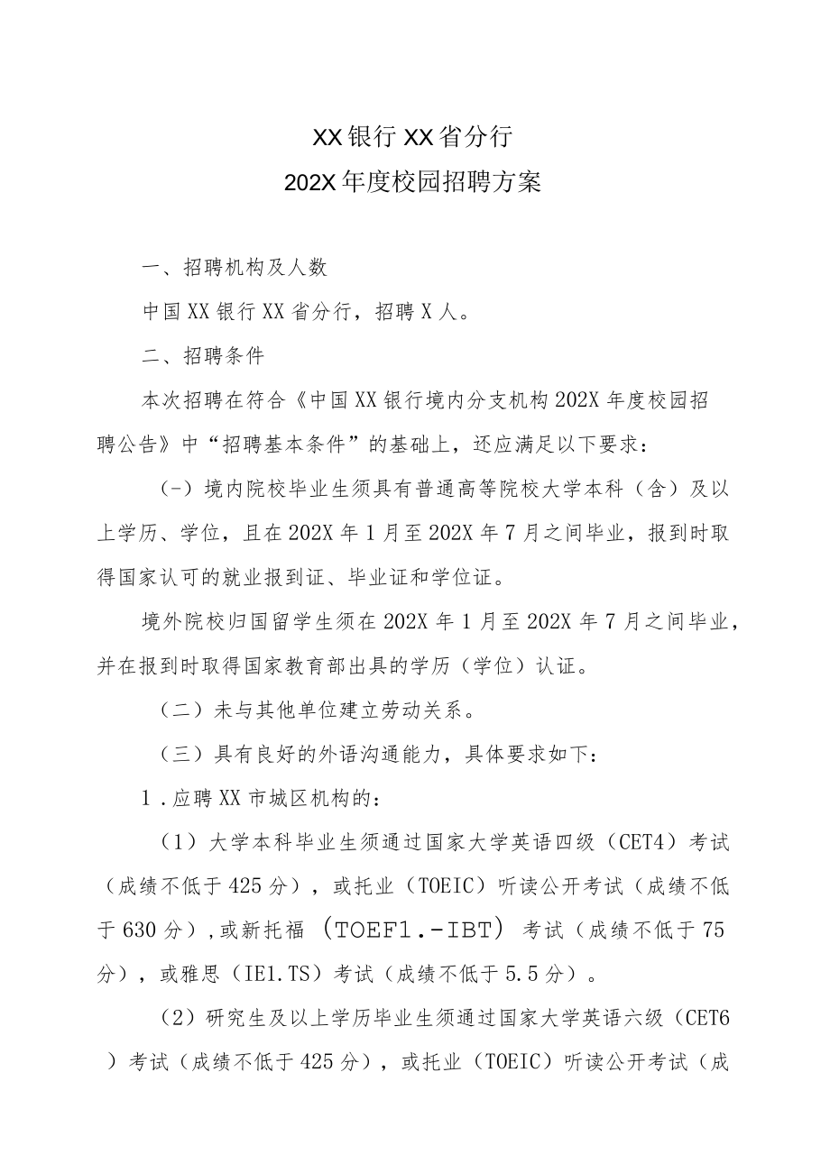 XX银行XX省分行202X年度校园招聘方案.docx_第1页