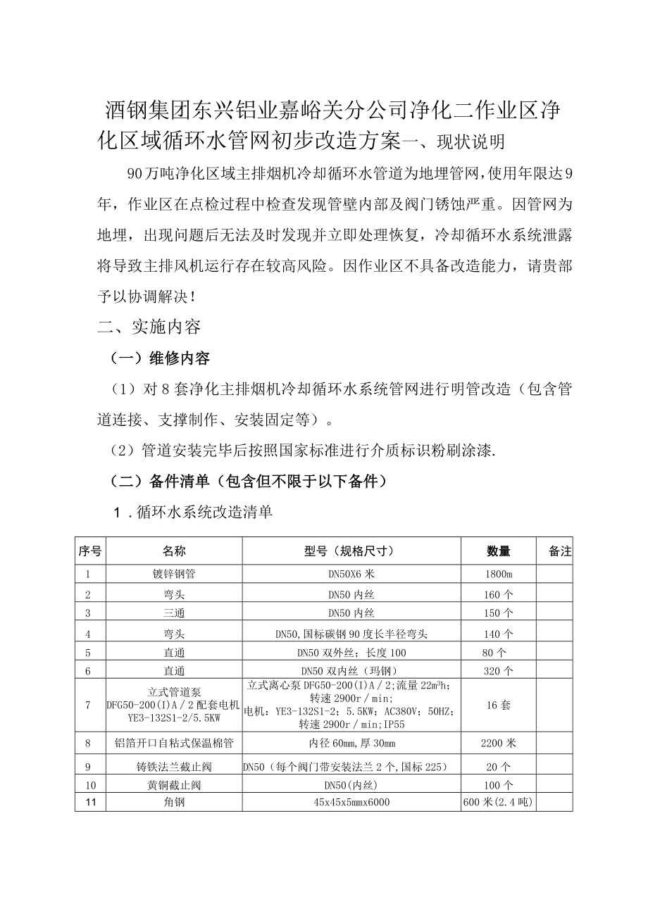 酒钢集团东兴铝业嘉峪关分公司净化二作业区净化区域循环水管网初步改造方案.docx_第1页