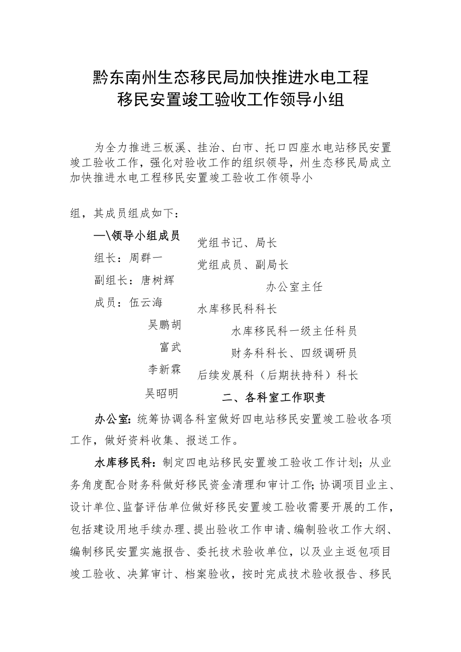 黔东南州生态移民局加快推进水电工程移民安置竣工验收工作领导小组.docx_第1页