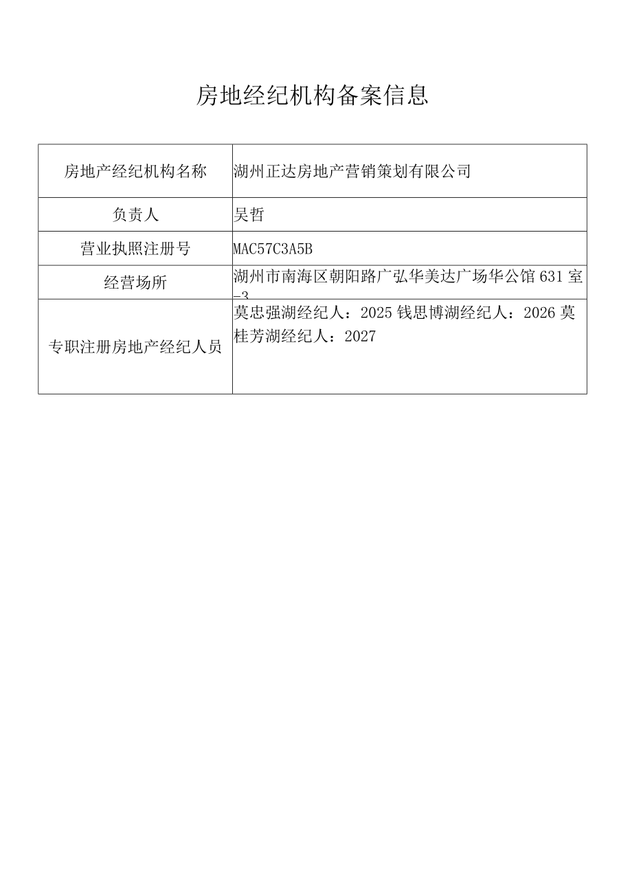 湖州正达房地产营销策划有限公司房地经纪机构备案信息.docx_第1页