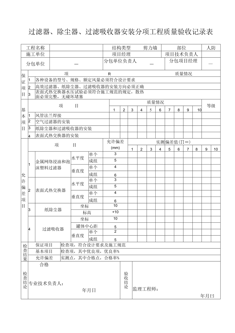 过滤器、过滤吸收器安装分项工程质量验收记录.docx_第1页