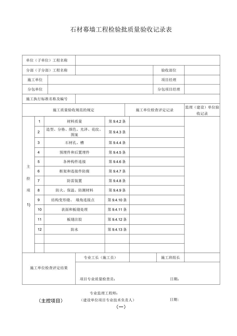 石材幕墙工程检验批质量验收记录表（主控）.docx_第1页