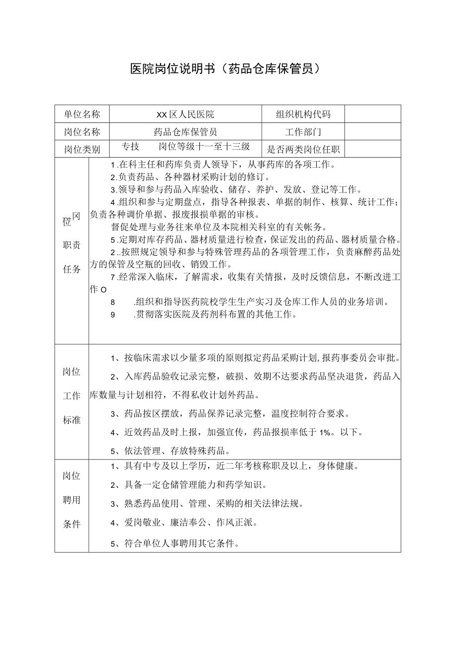 医院岗位说明书（药品仓库保管员）.docx_第1页