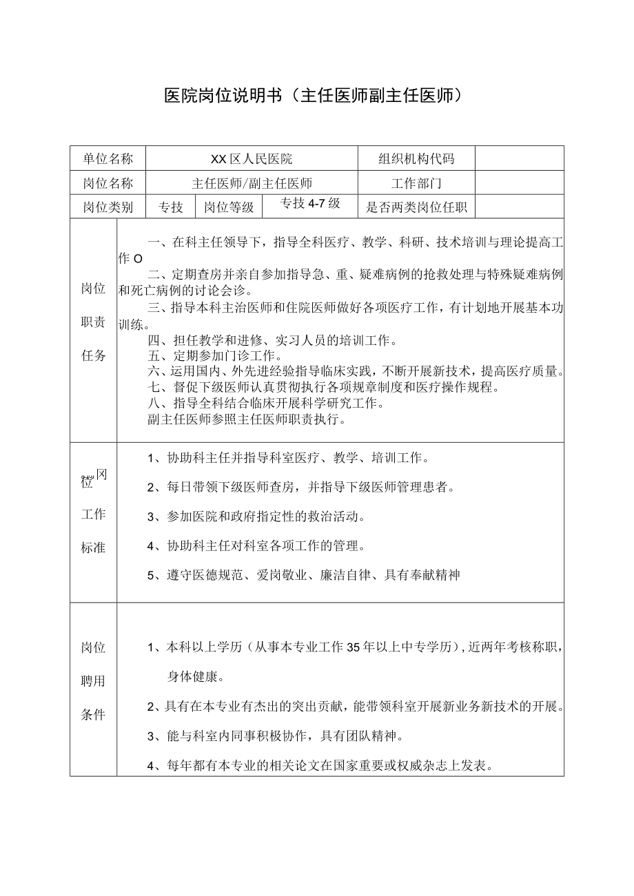 医院岗位说明书（主任医师副主任医师）.docx_第1页