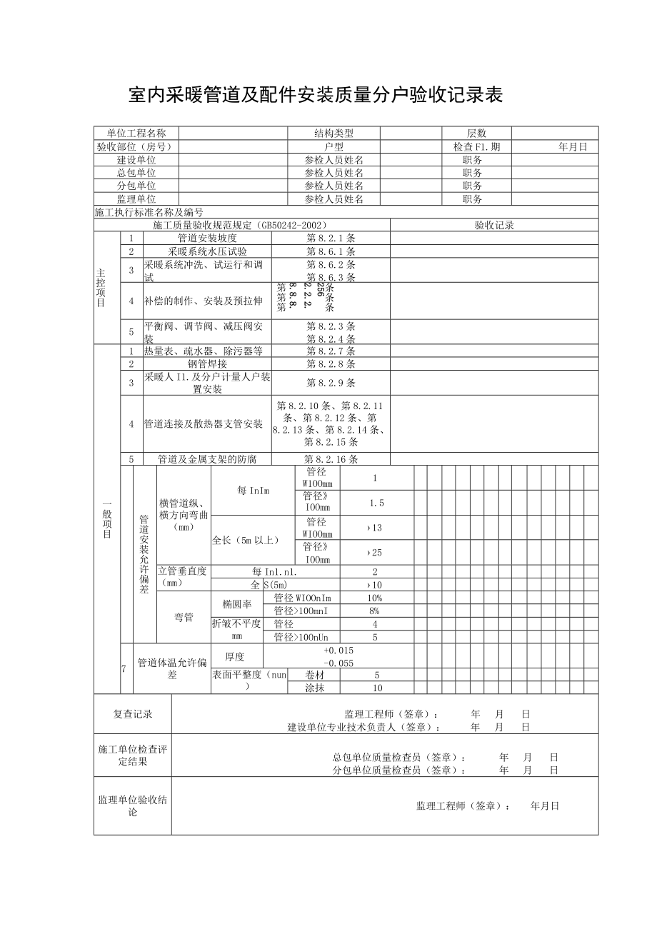 室内采暖管道及配件安装质量分户验收记录表.docx_第1页