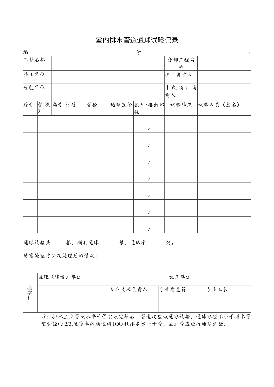 室内排水管道通球试验记录.docx_第1页