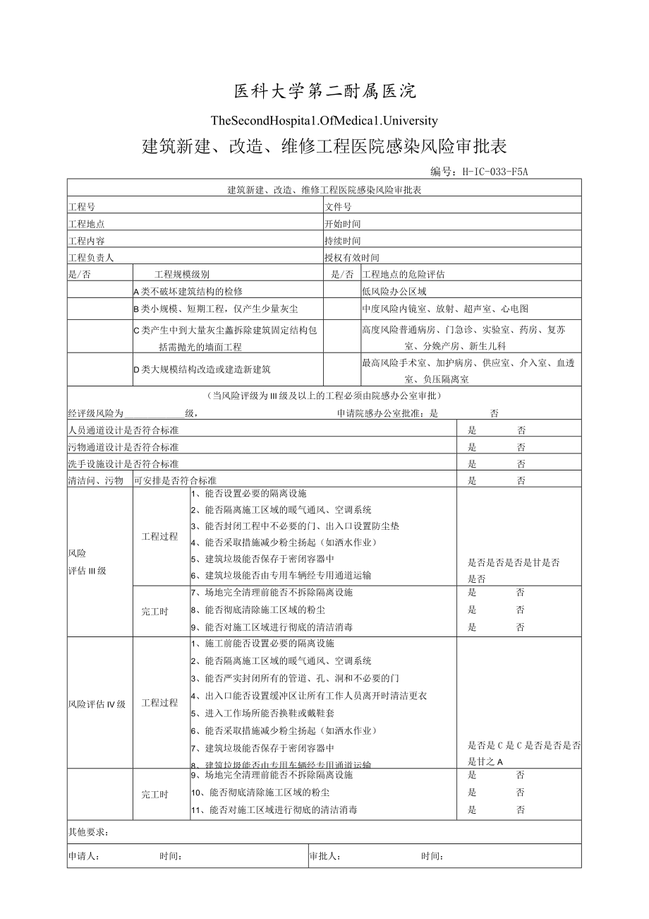 医院建筑新建、改造、维修工程医院感染风险审批表.docx_第1页