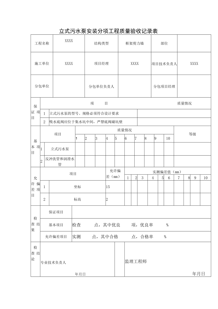 立式污水泵安装分项工程质量验收记录表.docx_第1页