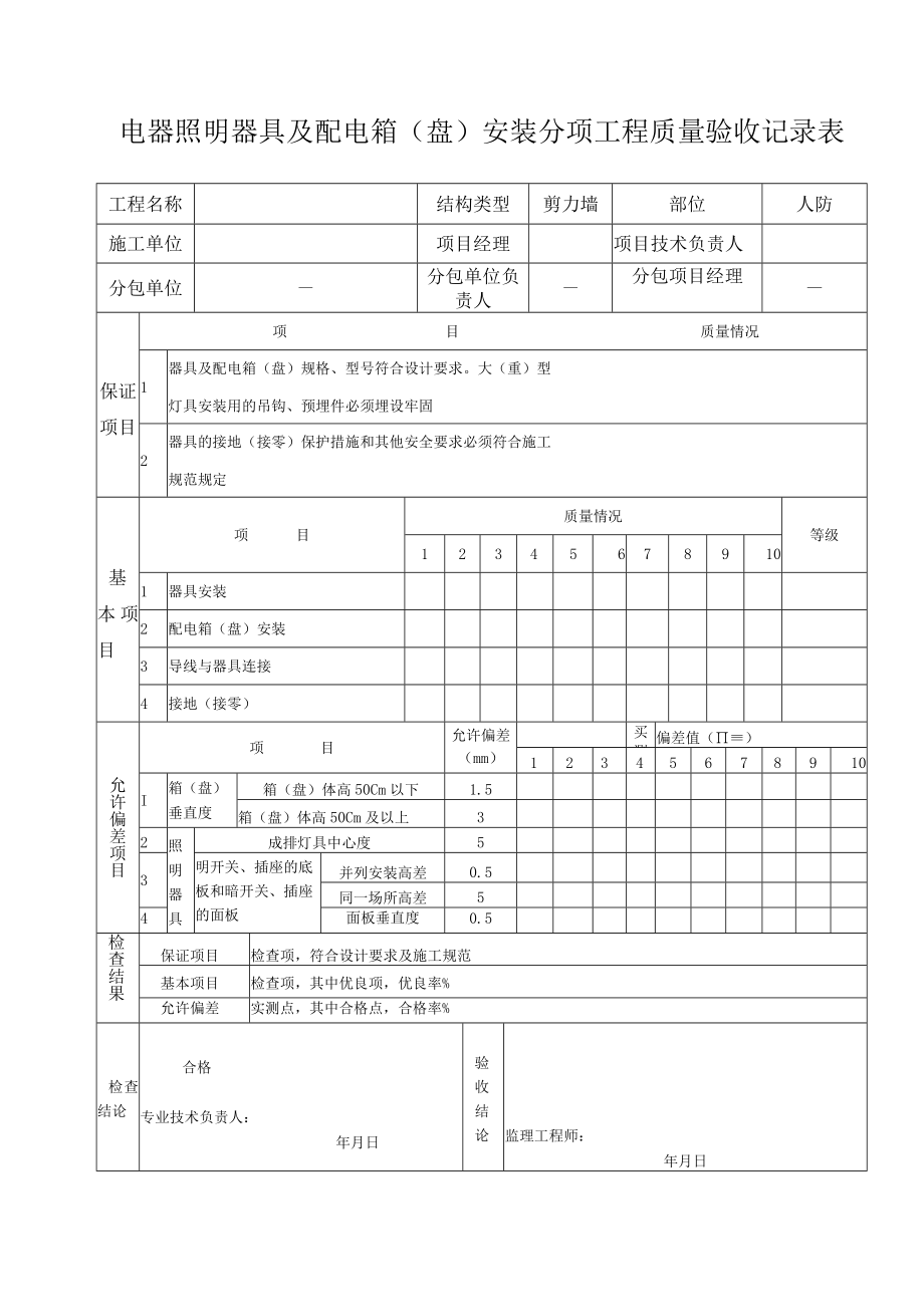 电器照明器具及配电箱安装分项工程质量验收记录.docx_第1页