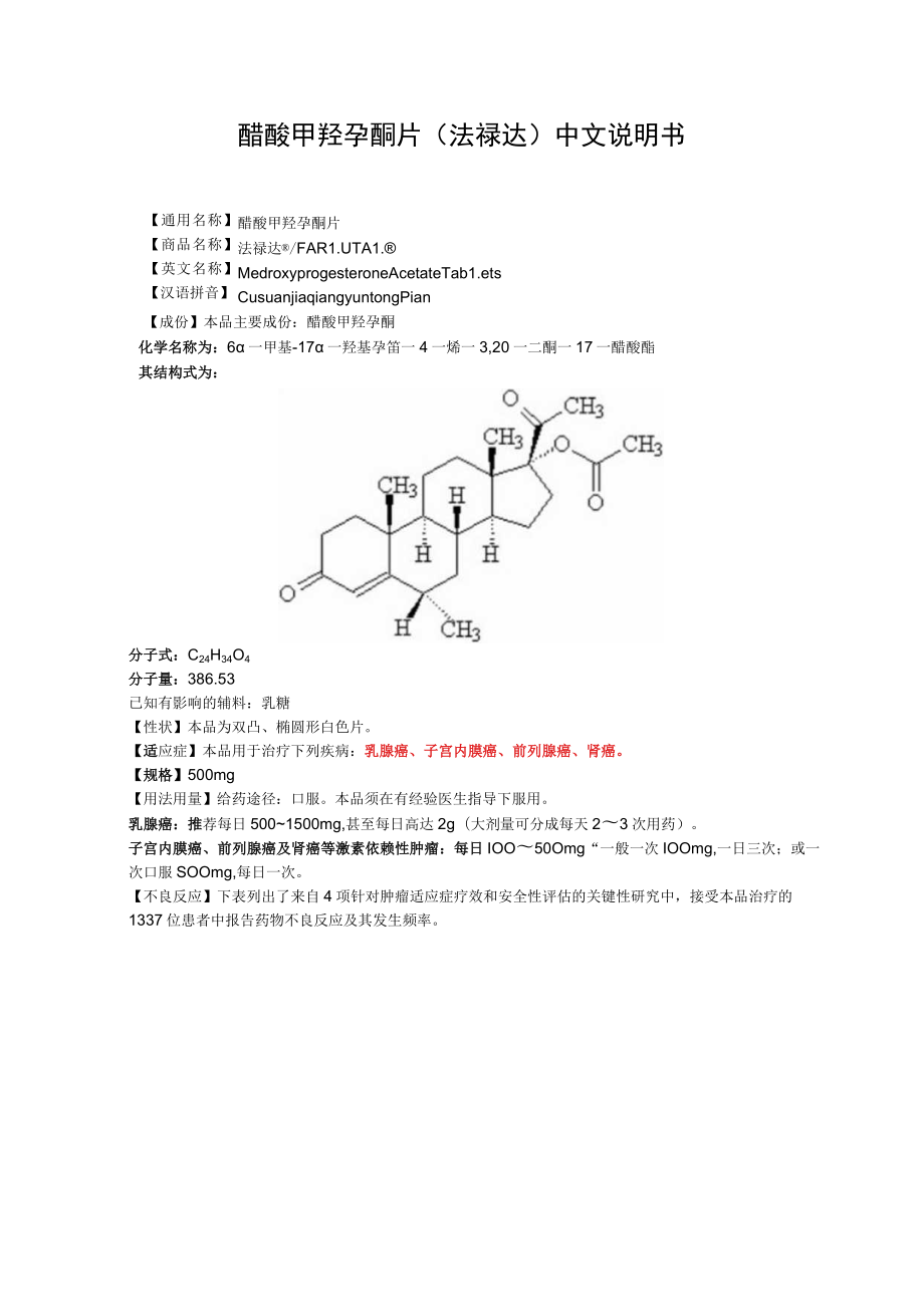 醋酸甲羟孕酮片（法禄达）中文说明书.docx_第1页