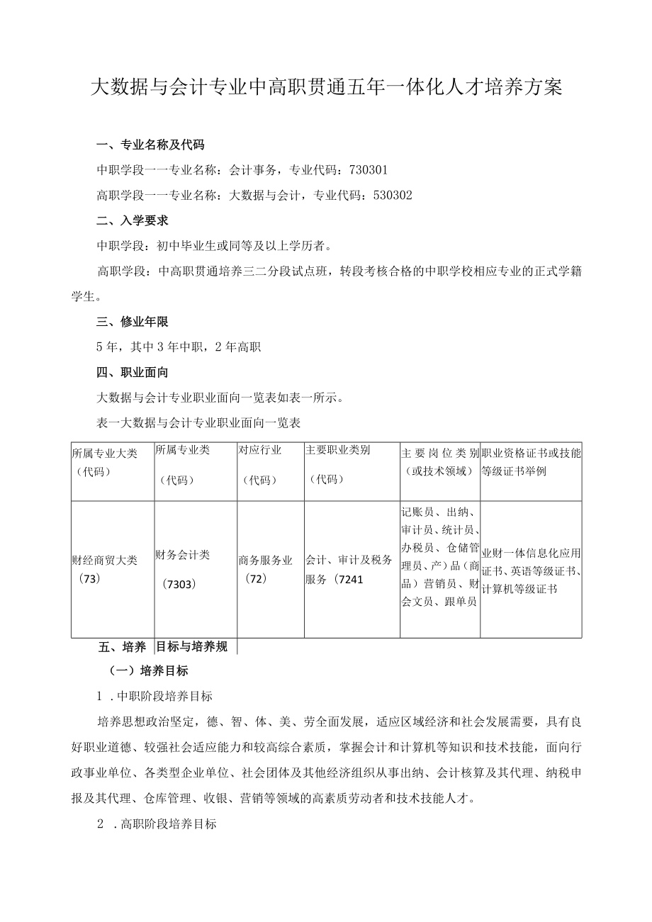 大数据与会计专业中高职贯通五年一体化人才培养方案.docx_第1页