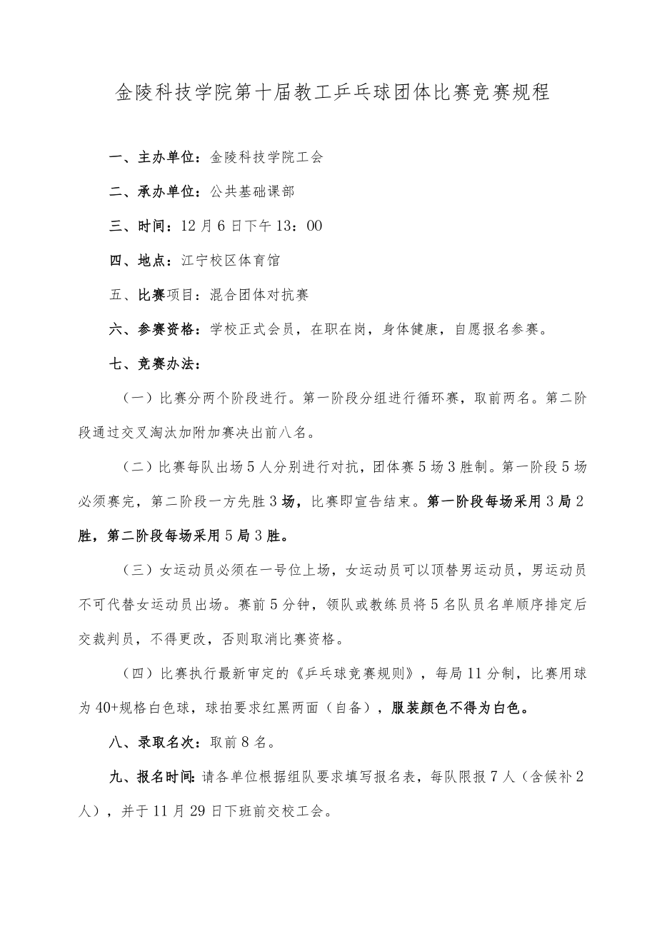 金陵科技学院第十届教工乒乓球团体比赛竞赛规程.docx_第1页