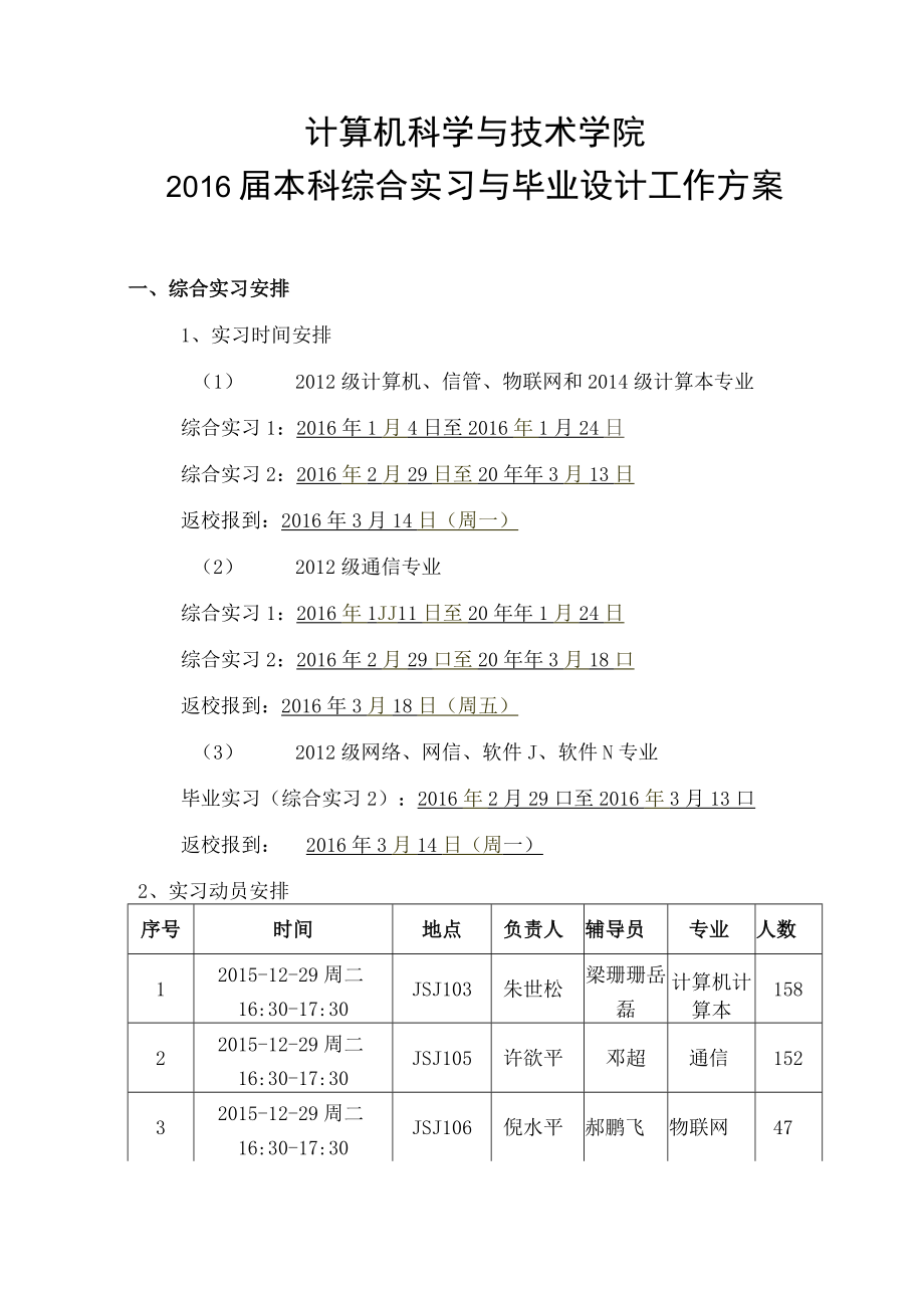 计算机科学与技术学院2016届本科综合实习与毕业设计工作方案.docx_第1页