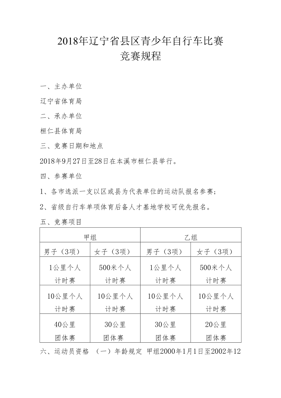 2018年辽宁省县区青少年自行车比赛竞赛规程.docx_第1页