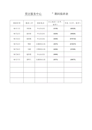 贾汪服务中心“十一”期间值班表.docx