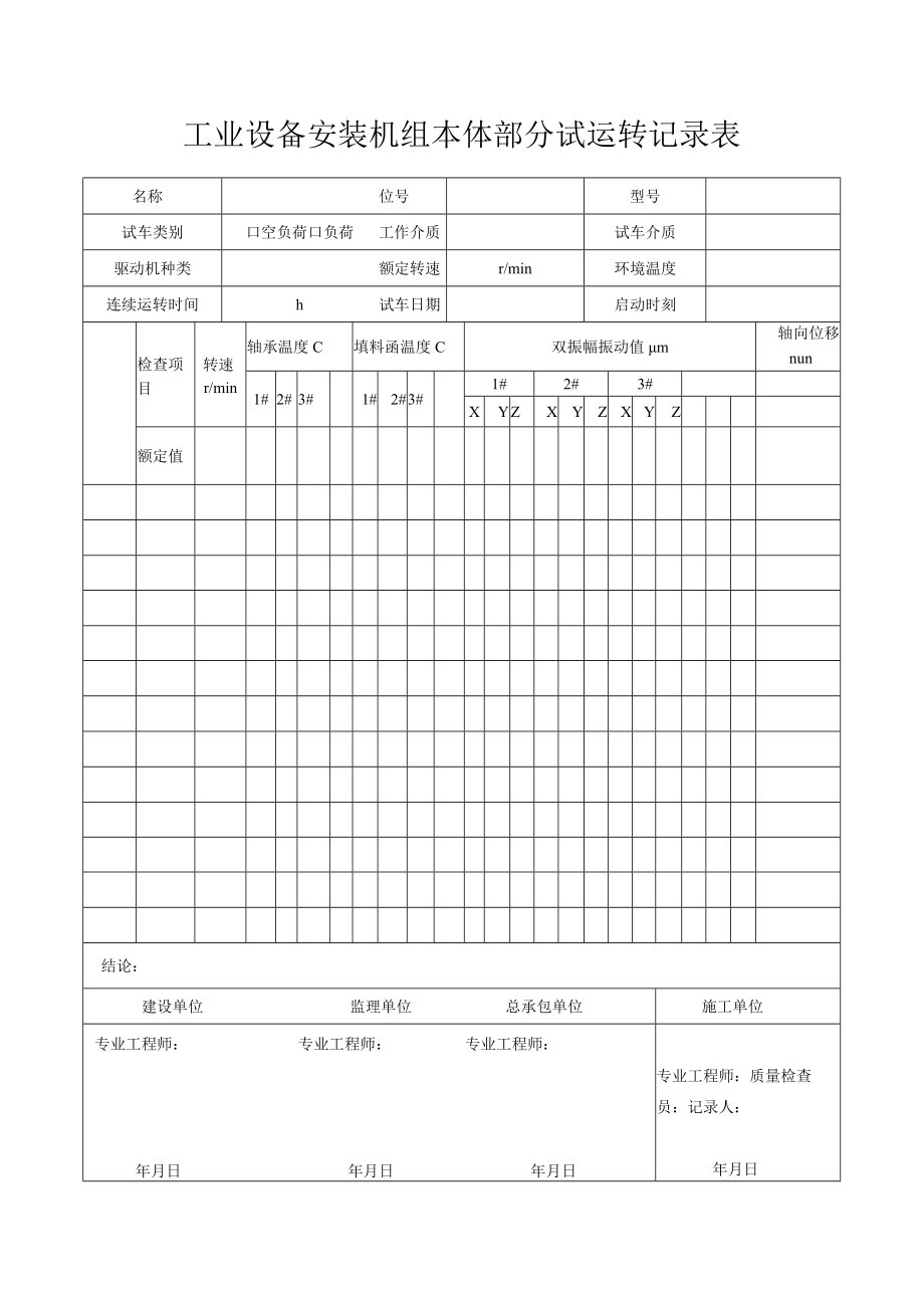 工业设备安装机组本体部分试运转记录表.docx_第1页