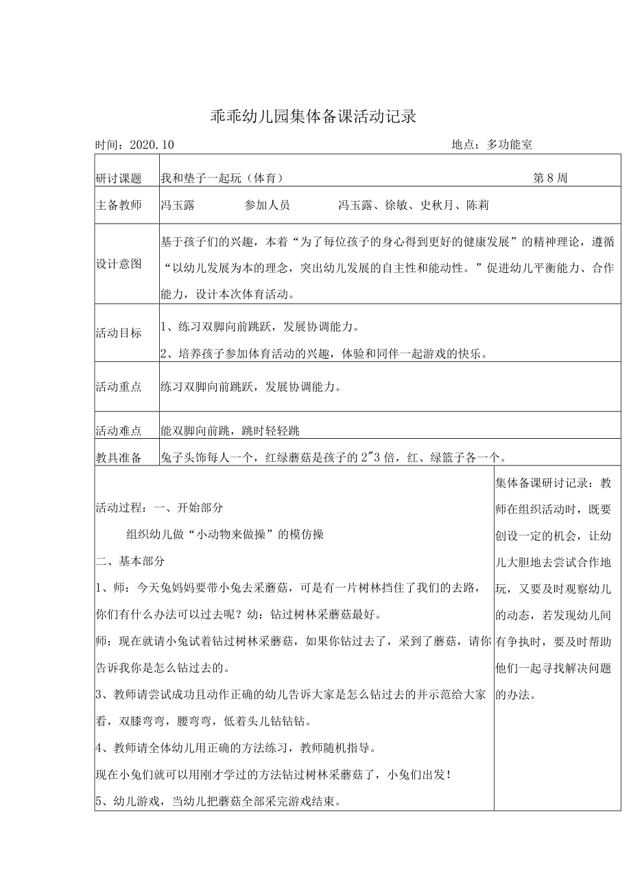 乖乖幼儿园集体备课活动记录.docx_第1页