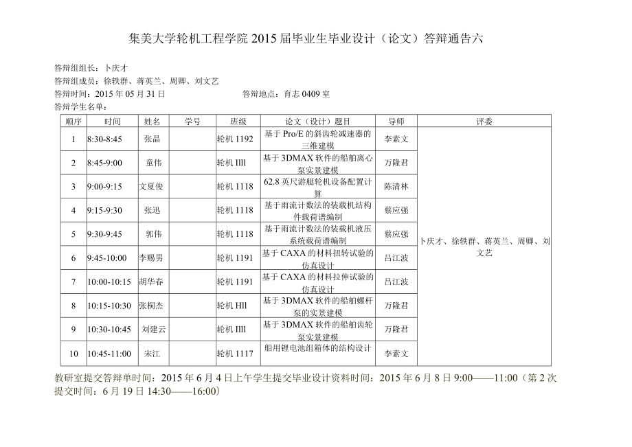 集美大学轮机工程学院2015届毕业生毕业设计论文答辩通告六.docx_第1页