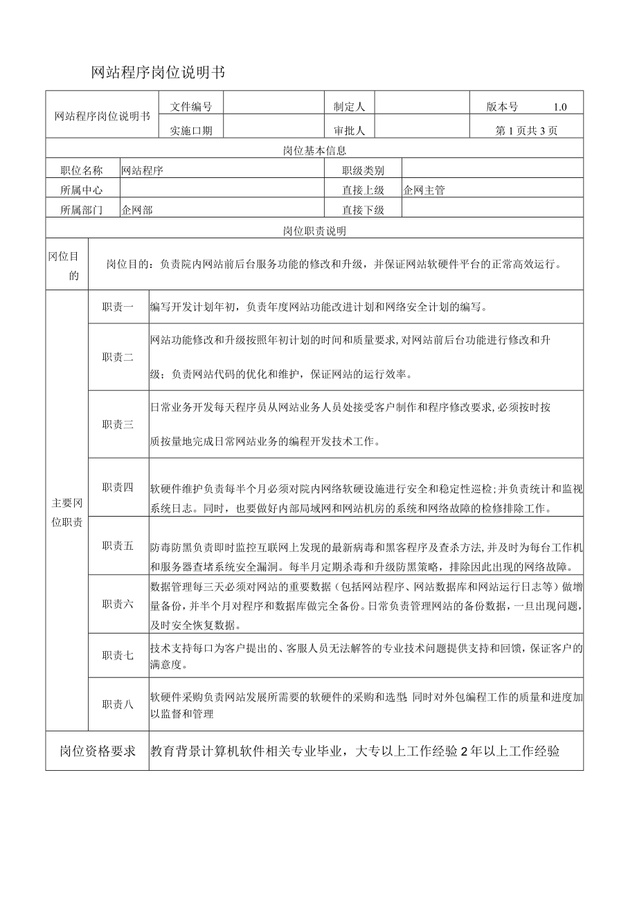 公司网站程序岗位说明书.docx_第1页