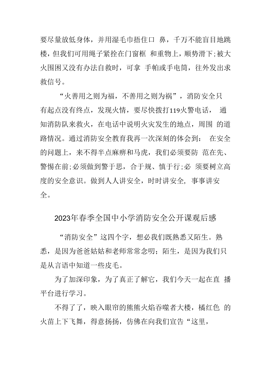 2023年乡镇学校开展春季全国中小学消防安全公开课观后感 样板三份.docx_第2页