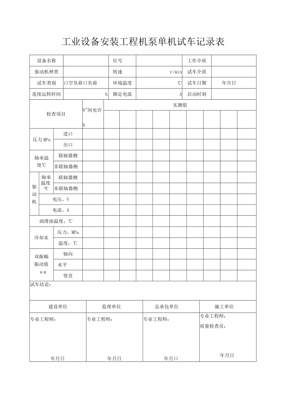 工业设备安装工程机泵单机试车记录表.docx_第1页