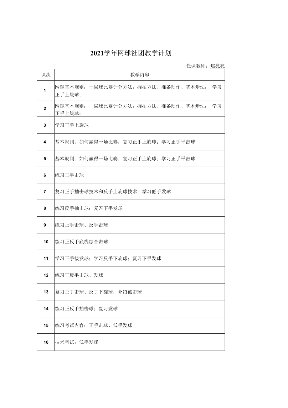 2021学年网球社团教学计划任课教师焦亮亮.docx_第1页