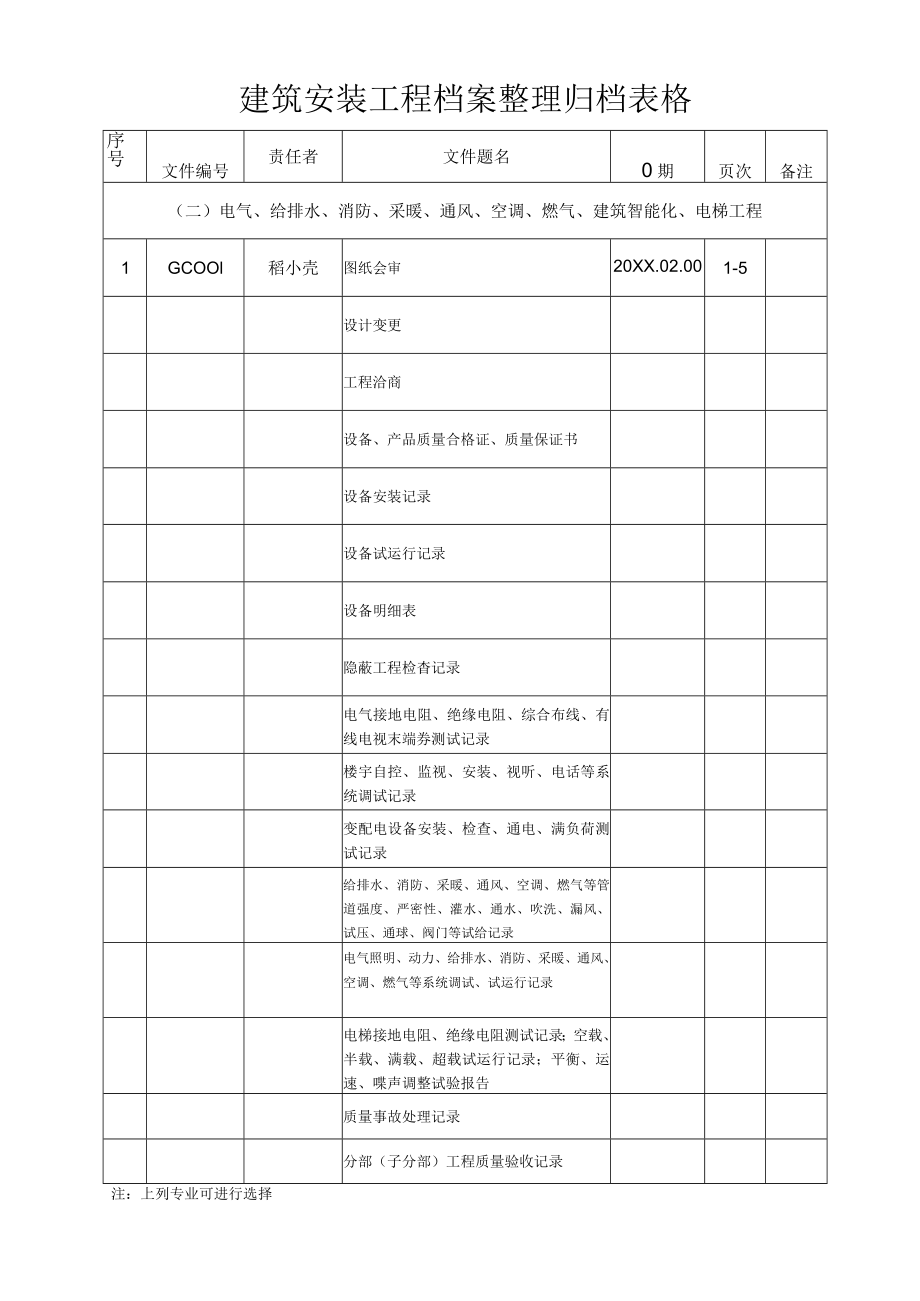 建筑安装工程档案整理归档表.docx_第1页