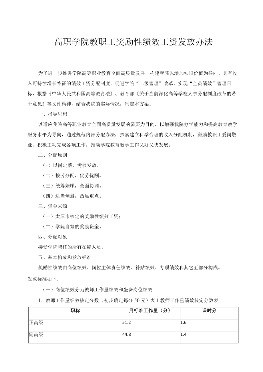 高职学院教职工奖励性绩效工资发放办法.docx_第1页