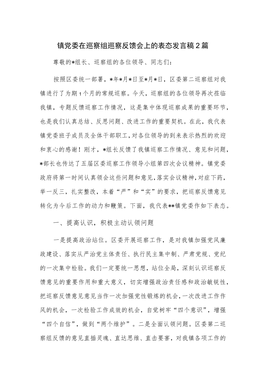 镇党委在巡察组巡察反馈会上的表态发言稿2篇.docx_第1页