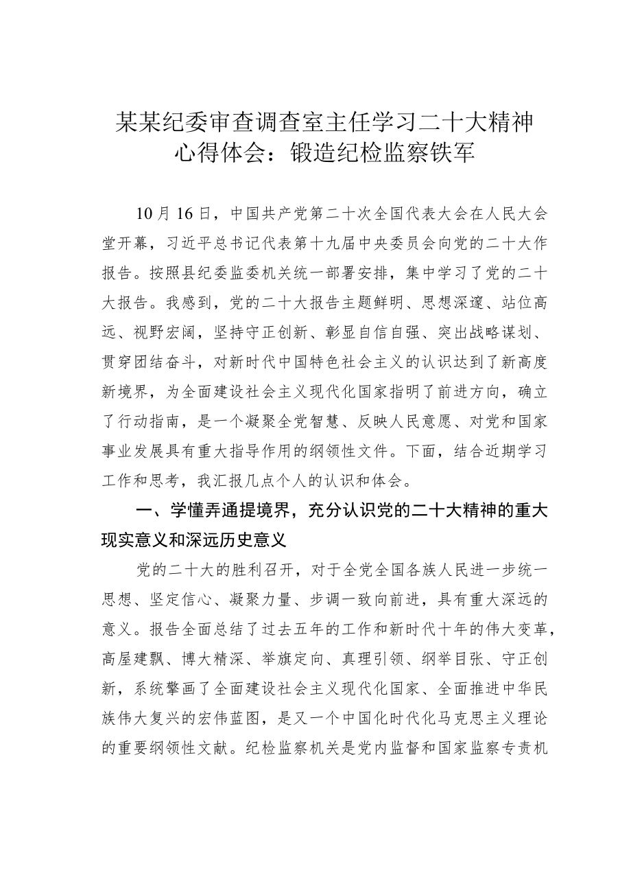 某某纪委审查调查室主任学习二十大精神心得体会：锻造纪检监察铁军.docx_第1页