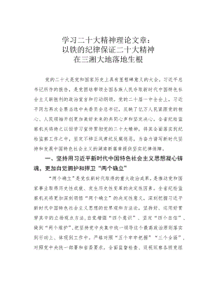 学习二十大精神理论文章：以铁的纪律保证党的二十大精神在三湘大地落地生根.docx