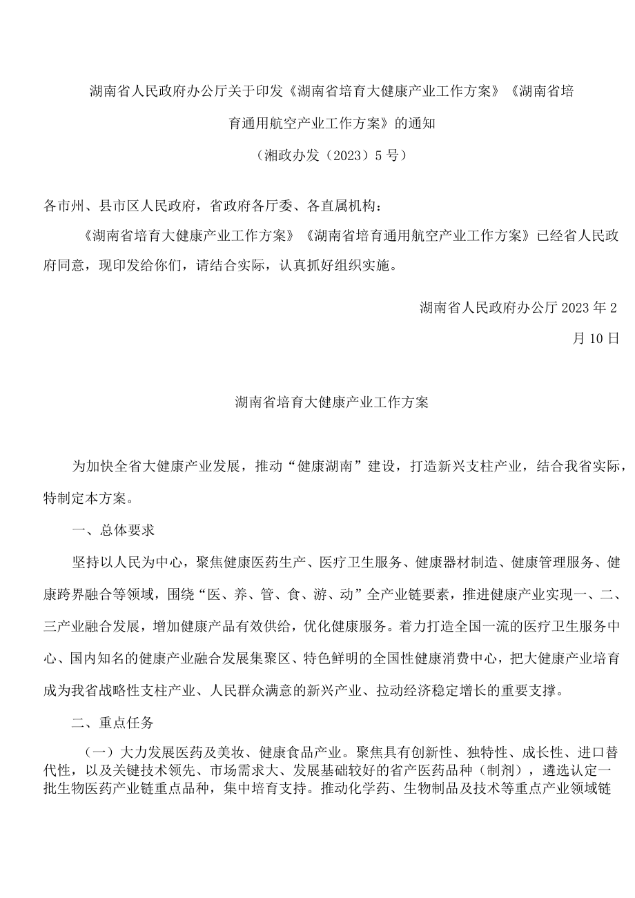 湖南省人民政府办公厅关于印发《湖南省培育大健康产业工作方案》《湖南省培育通用航空产业工作方案》的通知.docx_第1页