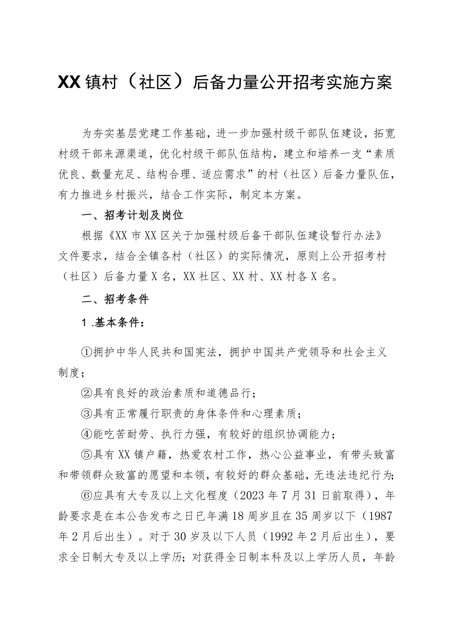 XX镇村（社区）后备力量公开招考实施方案.docx_第1页