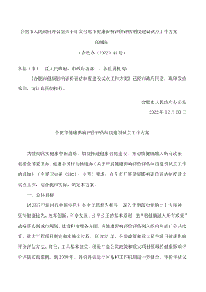 合肥市人民政府办公室关于印发合肥市健康影响评价评估制度建设试点工作方案的通知.docx