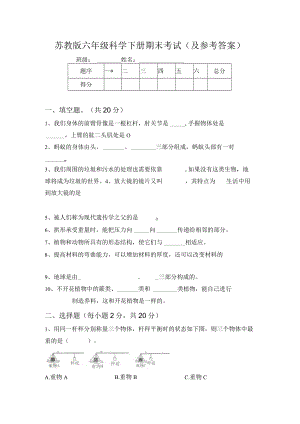 苏教版六年级科学下册期末考试(及参考答案).docx