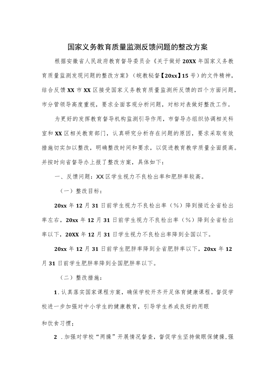 国家义务教育质量监测反馈问题的整改方案.docx_第1页