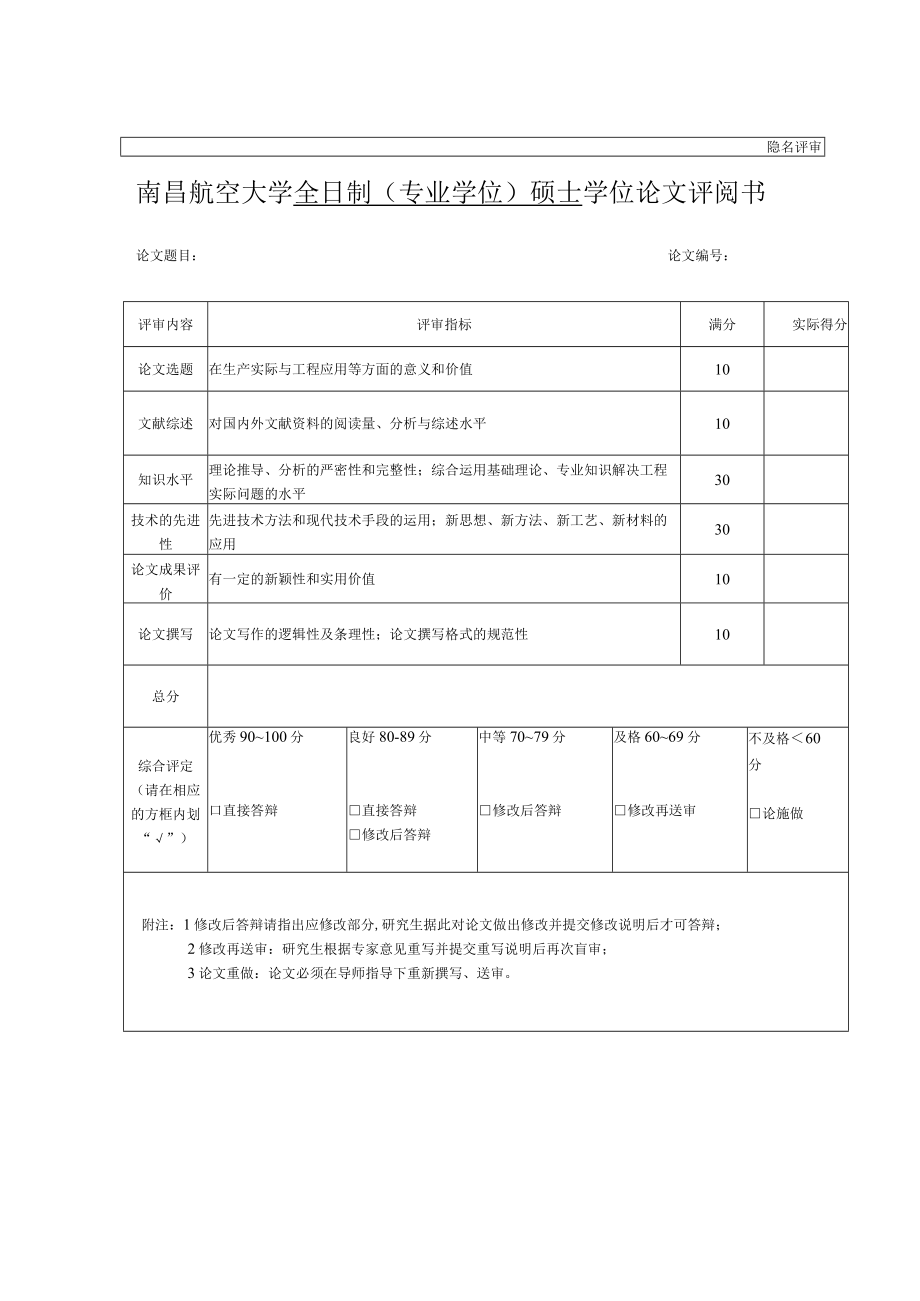 隐名评审南昌航空大学全日制专业学位硕士学位论文评阅书.docx_第1页