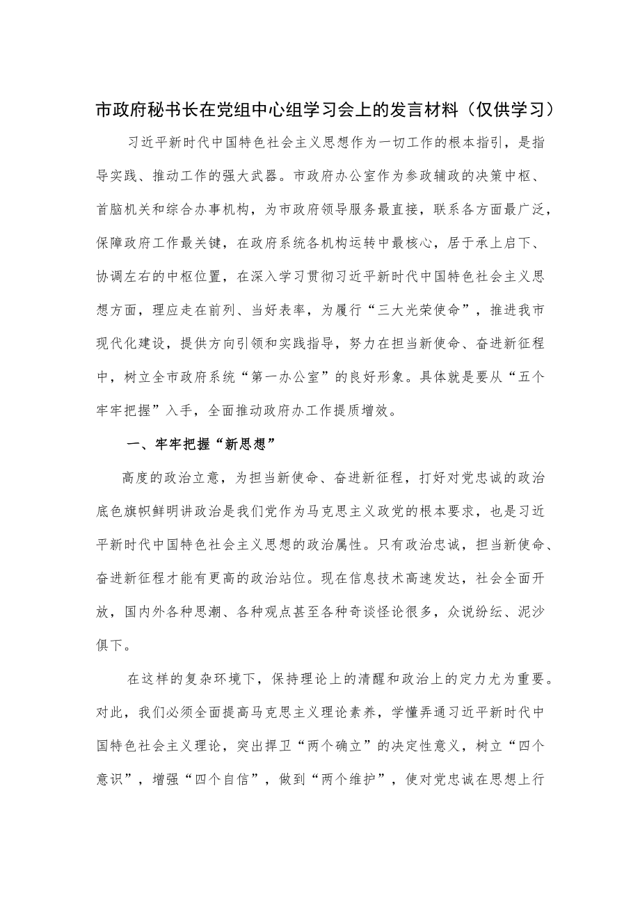 市政府秘书长在党组中心组学习会上的发言材料.docx_第1页