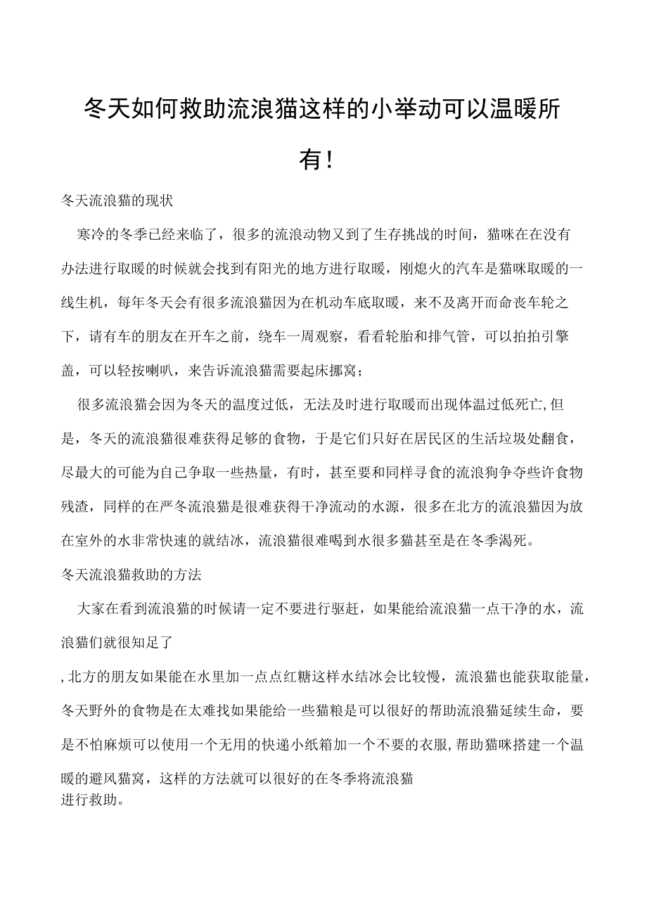 冬天如何救助流浪猫 这样的小举动可以温暖所有！.docx_第1页