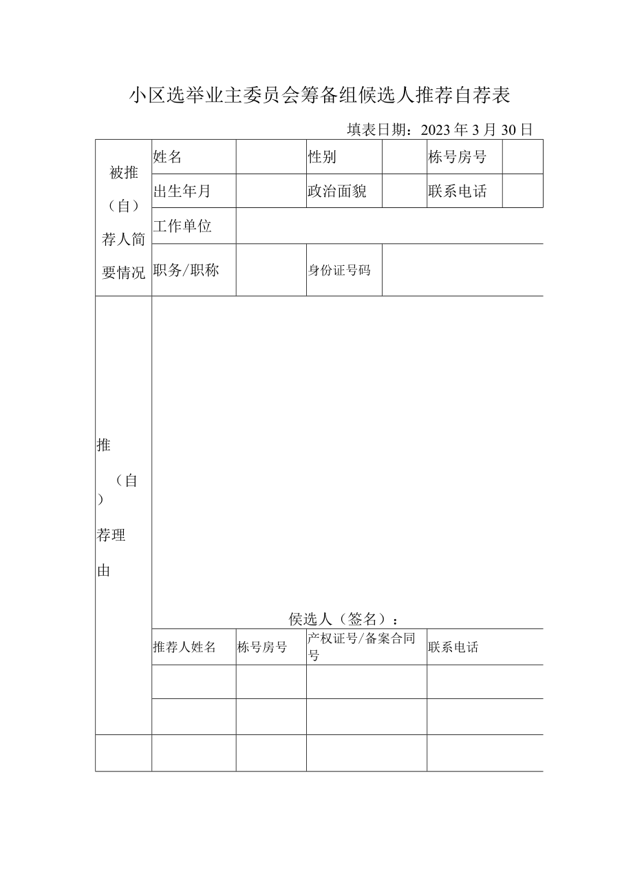 小区选举业主委员会筹备组候选人推荐自荐表.docx_第1页