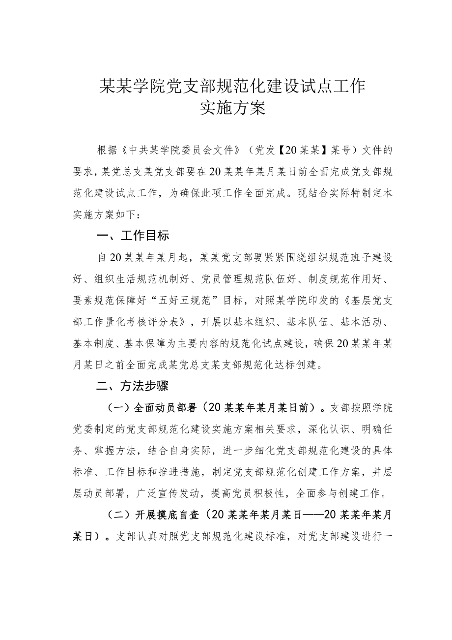 某某学院党支部规范化建设试点工作实施方案.docx_第1页