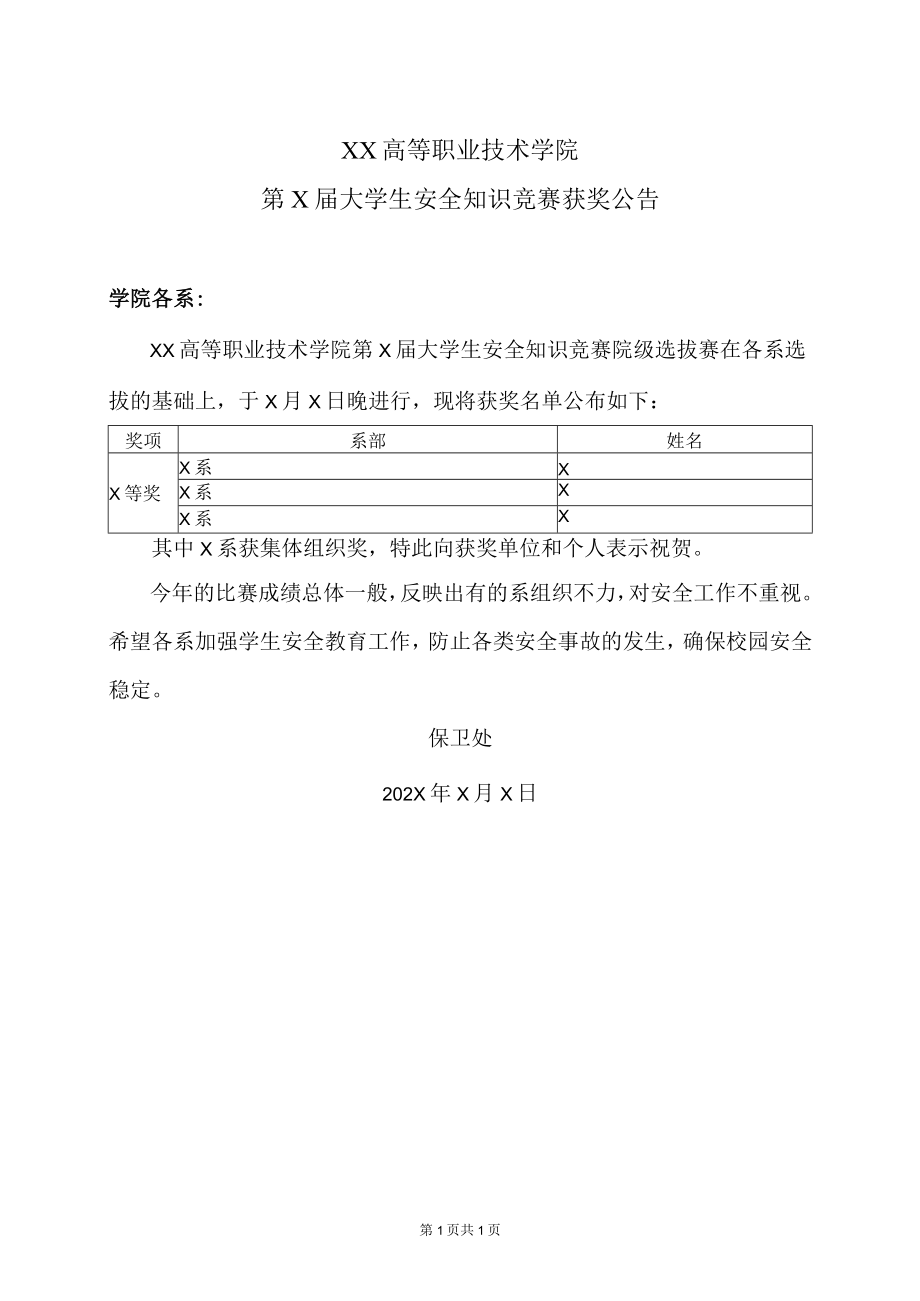 XX高等职业技术学院第X届大学生安全知识竞赛获奖公告.docx_第1页