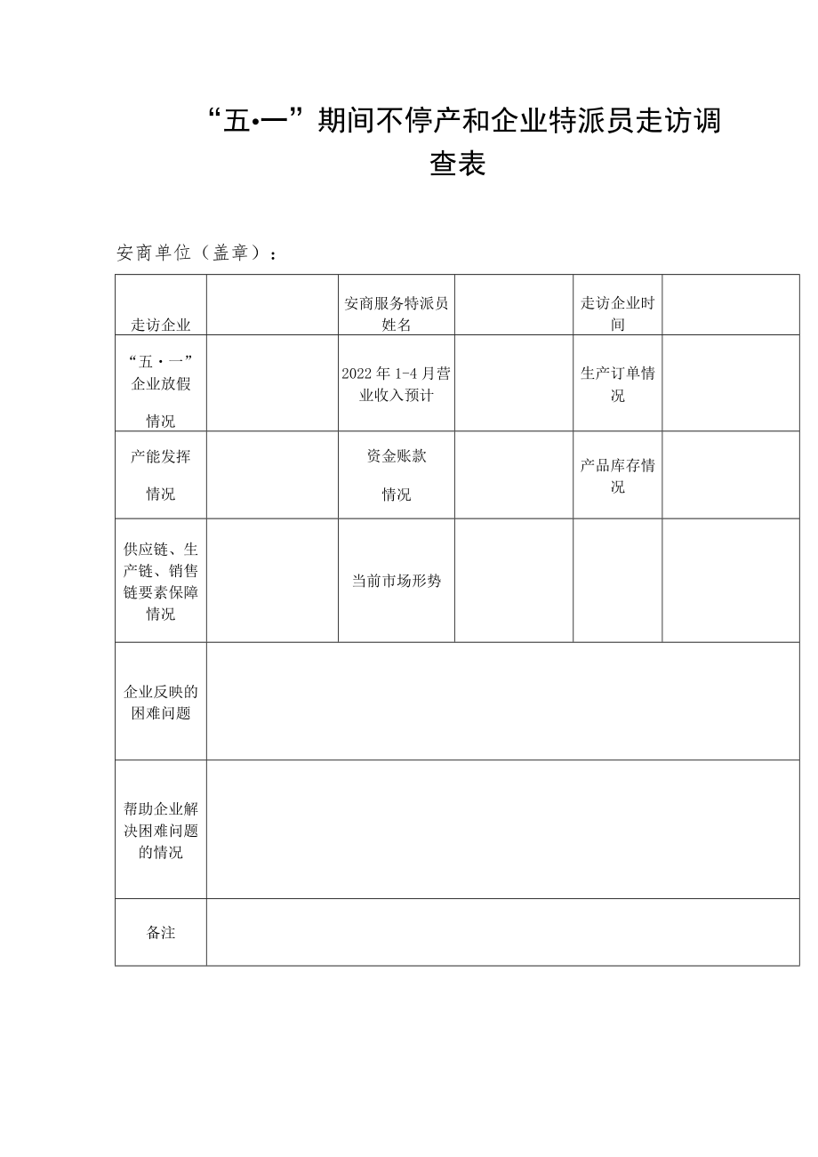 “五·一”期间不停产和企业特派员走访调查表.docx_第1页