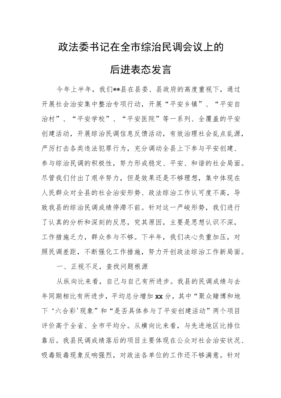 政法委书记在全市综治民调会议上的后进表态发言.docx_第1页