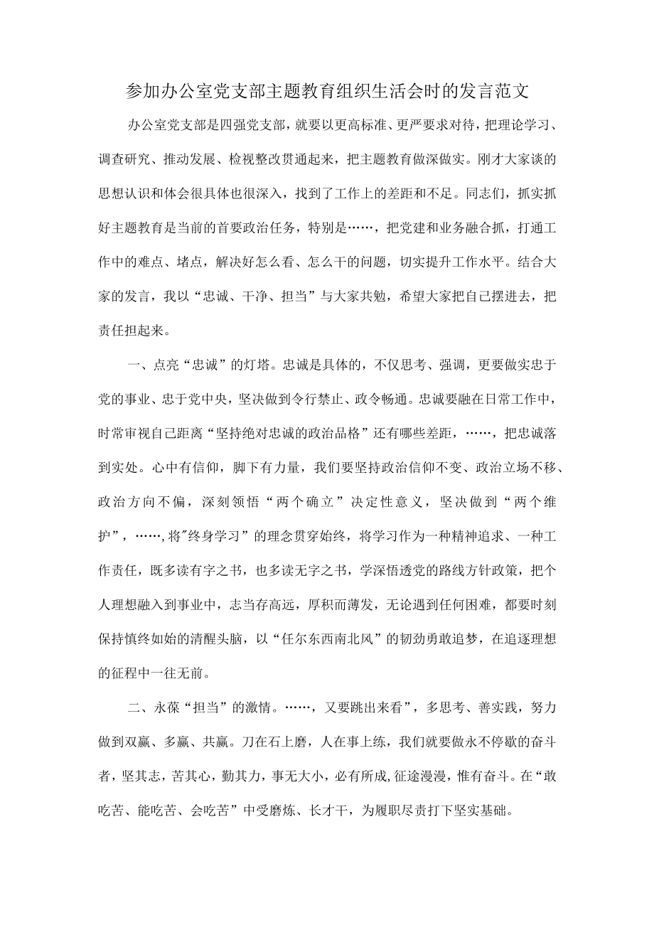 参加办公室党支部主题教育组织生活会时的发言范文.docx_第1页