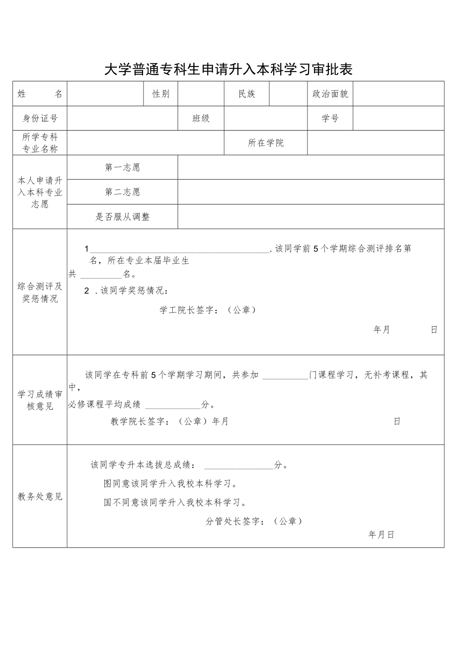 大学普通专科生申请升入本科学习审批表.docx_第1页